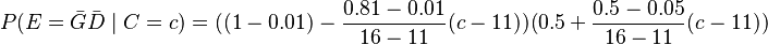 {\displaystyle P(E=\bar G \bar D \mid C=c) = ((1-0.01) - \frac{0.81-0.01}{16-11}(c-11))(0.5 + \frac{0.5-0.05}{16-11}(c-11))}