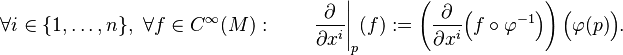 
\forall i \in \{ 1,\ldots,n \}, ~ \forall f \in {C^{\infty}}(M): \qquad
{ \left. \frac{\partial}{\partial x^{i}} \right|_{p}}(f) :=
\left( \frac{\partial}{\partial x^{i}} \Big( f \circ \varphi^{- 1} \Big) \right) \Big( \varphi(p) \Big) .
