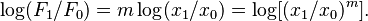 {\displaystyle  \log(F_1 / F_0) = m \log(x_1 / x_0) = \log[(x_1 / x_0)^m ]. }