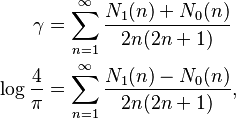 {\displaystyle \begin{align}
\gamma &= \sum_{n=1}^\infty \frac{N_1(n) + N_0(n)}{2n(2n+1)} \\
\log\frac4{\pi} &= \sum_{n=1}^\infty \frac{N_1(n) - N_0(n)}{2n(2n+1)} ,
\end{align}}