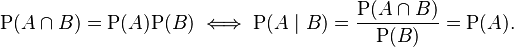 \mathrm{P}(A \cap B) = \mathrm{P}(A)\mathrm{P}(B) \iff \mathrm{P}(A\mid B) = \frac{\mathrm{P}(A \cap B)}{\mathrm{P}(B)} = \mathrm{P}(A).