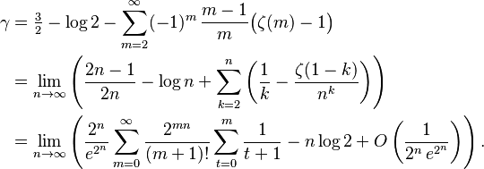 {\displaystyle \begin{align} \gamma &= \tfrac3{2}- \log 2 - \sum_{m=2}^\infty (-1)^m\,\frac{m-1}{m}\big(\zeta(m)-1\big) \\
 &= \lim_{n\to\infty}\left(\frac{2n-1}{2n} - \log n + \sum_{k=2}^n \left(\frac1{k} - \frac{\zeta(1-k)}{n^k}\right)\right) \\
 &= \lim_{n\to\infty}\left(\frac{2^n}{e^{2^n}} \sum_{m=0}^\infty \frac{2^{mn}}{(m+1)!} \sum_{t=0}^m \frac1{t+1} - n \log 2+ O \left (\frac1{2^{n}\, e^{2^n}}\right)\right).\end{align}}