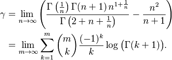 {\displaystyle \begin{align} \gamma &= \lim_{n\to\infty}\left(\frac{ \Gamma\left(\frac1{n}\right) \Gamma(n+1)\, n^{1+\frac1{n}}}{\Gamma\left(2+n+\frac1{n}\right)} - \frac{n^2}{n+1}\right) \\
&= \lim\limits_{m\to\infty}\sum_{k=1}^m{m \choose k}\frac{(-1)^k}{k}\log\big(\Gamma(k+1)\big). \end{align}}