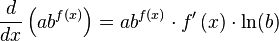 \frac{d}{dx}\left( ab^{ f\left( x \right) } \right) = ab^{f(x)} \cdot f'\left(x \right) \cdot \ln(b)