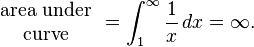 \begin{array}{c} \text{area under} \\ \text{curve}\end{array}
= \int_1^\infty\frac{1}{x}\,dx = \infty.