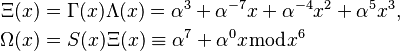 \begin{align}
     \Xi(x) &= \Gamma(x)\Lambda(x) = \alpha^{3} + \alpha^{-7}x + \alpha^{-4}x^2 + \alpha^{5}x^3, \\
  \Omega(x) &= S(x)\Xi(x) \equiv \alpha^{7} + \alpha^{0}x \bmod{x^6}
\end{align}