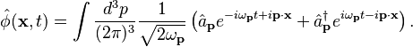 \hat \phi(\mathbf{x}, t) = \int \frac{d^3p}{(2\pi)^3} \frac{1}{\sqrt{2\omega_{\mathbf{p}}}}\left(\hat a_{\mathbf{p}} e^{-i\omega_{\mathbf{p}}t + i\mathbf{p}\cdot\mathbf{x}} + \hat a_{\mathbf{p}}^\dagger e^{i\omega_{\mathbf{p}}t - i\mathbf{p}\cdot\mathbf{x}}\right).