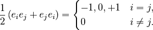 {\displaystyle \frac{1}{2} \left(e_i e_j + e_j e_i\right) = \begin{cases}
  -1, 0, +1 & i = j, \\
          0 & i \not = j.
\end{cases}}