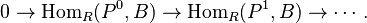 0\rightarrow\operatorname{Hom}_R(P^0,B)\rightarrow  \operatorname{Hom}_R(P^1,B) \rightarrow \cdots.