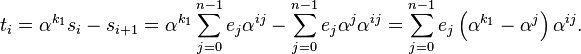 t_i=\alpha^{k_1}s_i-s_{i+1}=\alpha^{k_1}\sum_{j=0}^{n-1}e_j\alpha^{ij}-\sum_{j=0}^{n-1}e_j\alpha^j\alpha^{ij}=\sum_{j=0}^{n-1}e_j\left(\alpha^{k_1} - \alpha^j\right)\alpha^{ij}.