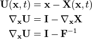 {\displaystyle  \begin{align}
\mathbf U(\mathbf x,t) &= \mathbf x - \mathbf X(\mathbf x,t) \\
\nabla_{\mathbf x} \mathbf U &= \mathbf I - \nabla_{\mathbf x} \mathbf X \\
\nabla_{\mathbf x} \mathbf U &= \mathbf I -\mathbf F^{-1}
\end{align}}