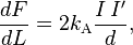 \frac{dF}{dL} = 2 k_{\rm A}\frac{I \, I^\prime}{d},