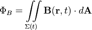 \Phi_B = \iint\limits_{\Sigma(t)} \mathbf{B}(\mathbf{r}, t) \cdot d \mathbf{A}