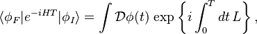 \lang \phi_F|e^{-iHT}|\phi_I\rang = \int \mathcal{D}\phi(t)\,\exp\left\{i\int_0^T dt\,L\right\},