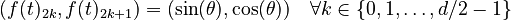 {\displaystyle (f(t)_{2k}, f(t)_{2k+1}) = (\sin(\theta), \cos(\theta)) \quad \forall k \in \{0, 1, \ldots, d/2 - 1\}}