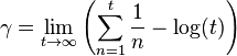 \gamma = \lim_{t \to \infty} \left(\sum_{n=1}^{t} \frac{1}{n} - \log(t)\right)