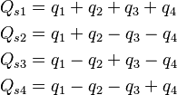 {\displaystyle \begin{align}
Q_{s1} &=  q_{1} + q_{2} + q_{3} + q_{4} \\
Q_{s2} &=  q_{1} + q_{2} - q_{3} - q_{4} \\
Q_{s3} &=  q_{1} - q_{2} + q_{3} - q_{4} \\
Q_{s4} &=  q_{1} - q_{2} - q_{3} + q_{4}
\end{align}}