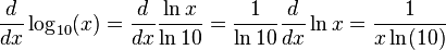 \frac{d}{dx} \log_{10}(x) = \frac{d}{dx} \frac{\ln{x}}{\ln{10}} = \frac{1}{\ln{10}} \frac{d}{dx} \ln{x} = \frac{1}{x \ln(10)}