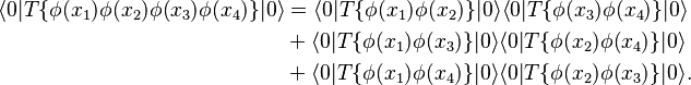 \begin{align}
\lang 0|T\{\phi(x_1)\phi(x_2)\phi(x_3)\phi(x_4)\}|0\rang &= \lang 0|T\{\phi(x_1)\phi(x_2)\}|0\rang \lang 0|T\{\phi(x_3)\phi(x_4)\}|0\rang\\
&+ \lang 0|T\{\phi(x_1)\phi(x_3)\}|0\rang \lang 0|T\{\phi(x_2)\phi(x_4)\}|0\rang\\
&+ \lang 0|T\{\phi(x_1)\phi(x_4)\}|0\rang \lang 0|T\{\phi(x_2)\phi(x_3)\}|0\rang.
\end{align}