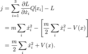 \begin{align}
  j & = \sum_{i=1}^3\frac{\partial L}{\partial \dot{x}_i}Q[x_i] - L \\
    & = m \sum_i\dot{x}_i^2 - \left[\frac{m}{2}\sum_i\dot{x}_i^2 - V(x)\right] \\[3pt]
    & = \frac{m}{2}\sum_i\dot{x}_i^2 + V(x).
\end{align}