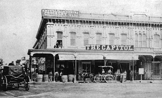 1880s view of the Downey Block located on the northwest corner of Temple and Main streets as seen from the front of Temple Block