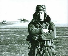 Saburo Sakai in flight suit at Hankow Airfield