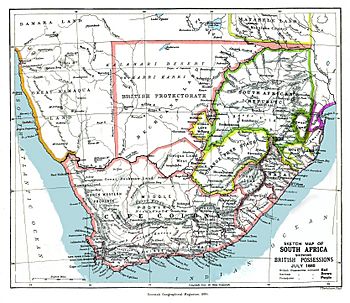 1885 map showing the Bechuanaland Protectorate prior to the creation of the crown colony of British Bechuanaland and the Heligoland–Zanzibar Treaty