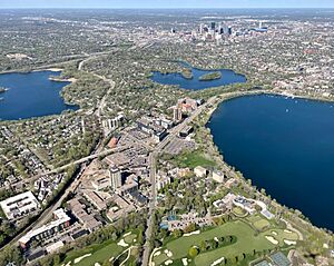 West Maka Ska (middle/bottom) with Bde Maka Ska on right and Minneapolis in the background