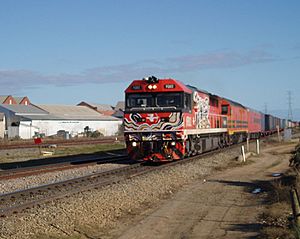 Freightlink container train headed for Darwin passes through Dry Creek on 5 Aug 2005