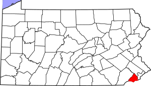 Map of Pennsylvania highlighting Delaware County