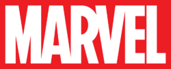 Red background with white letters spelling out Marvel