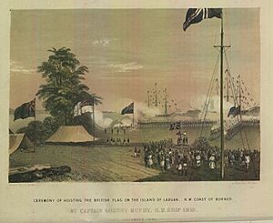 Ceremony of Hoisting the British Flag on the island of Labuan, N. W. Coast of Borneo