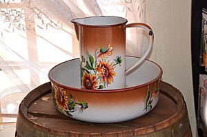 Enamel wash basin and jug, South Africa