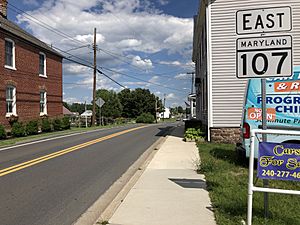 2020-06-24 15 48 34 View east along Maryland State Route 107 (Fisher Avenue) at Maryland State Route 109 (Elgin Road) in Poolesville, Montgomery County, Maryland