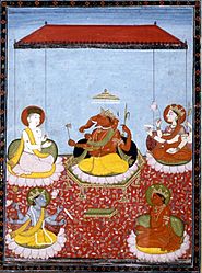 The five primary deities Of Smarta in a Ganesha-centric panchayatana: Ganesha (centre) with Shiva (top left), Adi Shakti (top right), Vishnu (bottom left), and Surya (bottom right)