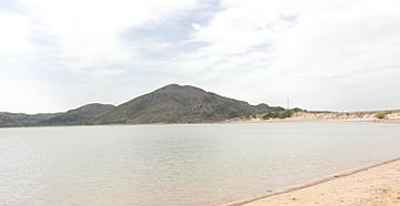 A photo of the Quartz Mountains taken from the shore of Lake Altus