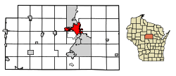 Location of Wausau in Marathon County, Wisconsin.