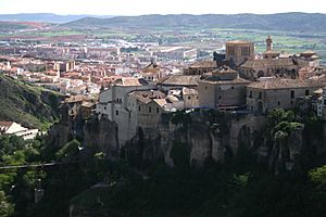 View of Los Canonigos, include Casas Colgantes (Hanging houses), San Pablo Bridge and Downtown Cuenca, from Palomera motorway