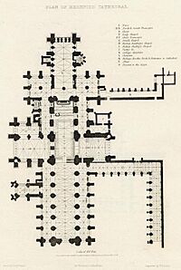 Hereford Cathedral - steel engraved plan by B. Winkles after a drawing by Benjamin Baud, 1836