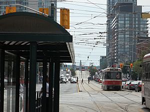 The two Flexity Outlooks in service on 2014 08 31 pass on the railway bridge south of Front. (2) (15110060092)