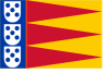 Blue vertical banner on the left with 3 vertically stacked white shields with 5 blue points each. Alternating red and yellow triangles on the rest of the flag.