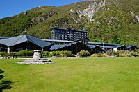 Hotel complex, with the restaurants in the foreground and the main hotel building behind