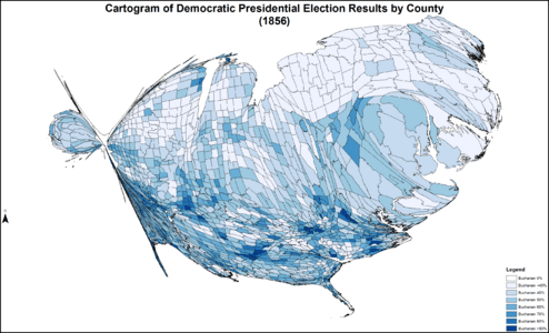 CartogramDemocraticPresidentialCounty1856Colorbrewer