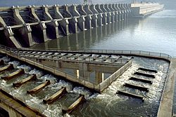 Fish ladder at John Day Dam. This dam, frequently referred to as the "fish killer", and its reservoir form the deadliest stretch of the river for young salmon