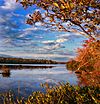 Red and yellow foliage in the right foreground, with a smooth lake reflecting the distant forest and partly cloudy sky