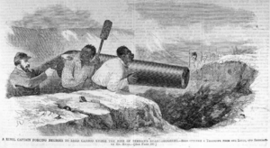 A Rebel Captain Forcing Negroes to Load Cannon Under the Fire of Beedan's Sharp-shooters (May 1862), by Harper's Weekly