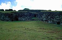 several windowless stone houses with grass roofs