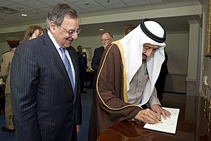 Defense.gov News Photo 120411-D-BW835-023 - Secretary of Defense Leon E. Panetta stands with Saudi Arabian Minister of Defense Prince Salman bin Abd al-Aziz Al Saud as he signs the guest book