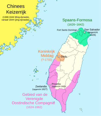 The locations of Dutch Formosa, overlapping a map of the present-day island.     Dutch Formosa      Spanish Possessions      Kingdom of Middag