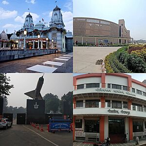 clock wise from top left to left bottom, Gorakhnath Temple, AIIMS Gorakhpur, Gita Press and Indian Air force Base